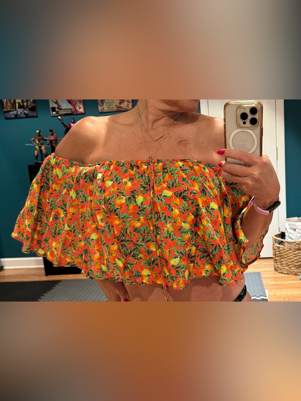 FARM Rio Orange Tropical Off-Shoulder Ruffle Crop Top